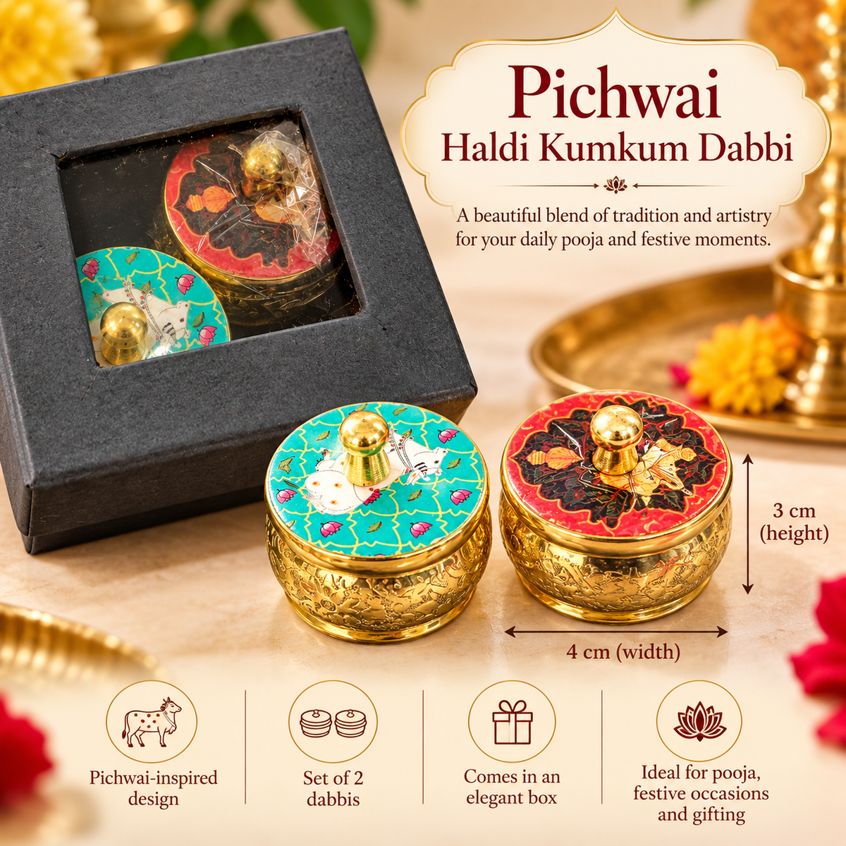 Pichwai Haldi Kumkum Dabbi Set
