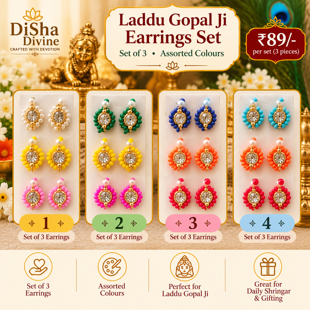 Ratna Jyoti Shringar Earrings – Set of 3 Pairs for Laddu Gopal Ji