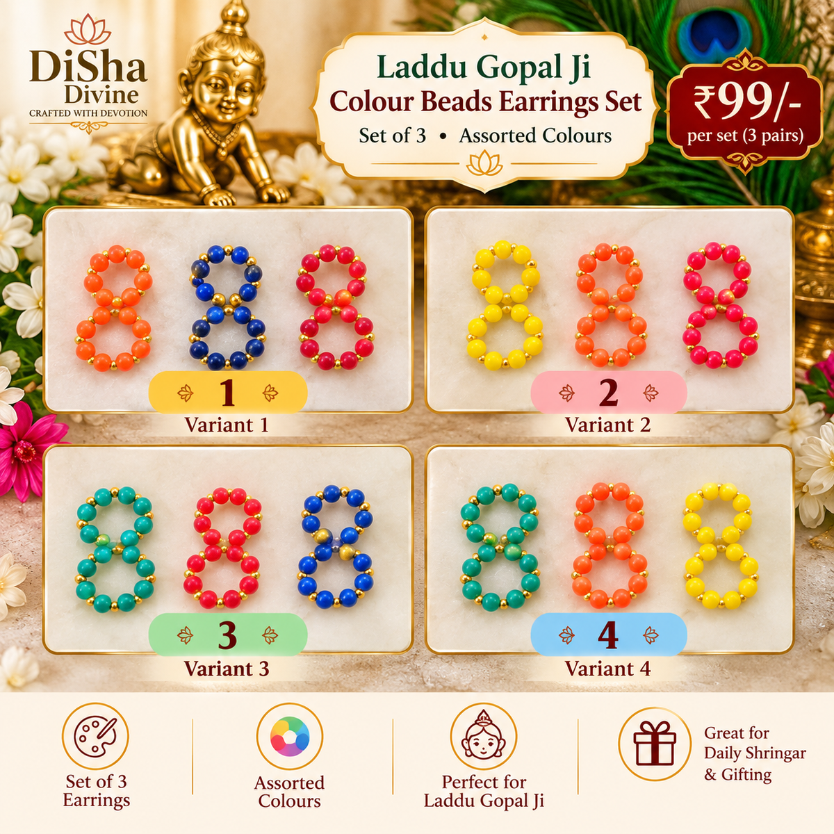 Rang Manjari Beaded Shringar Earrings – Set of 3 Pairs for Laddu Gopal Ji