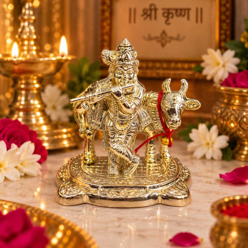 Kanha Ji with Cow German Silver Idol