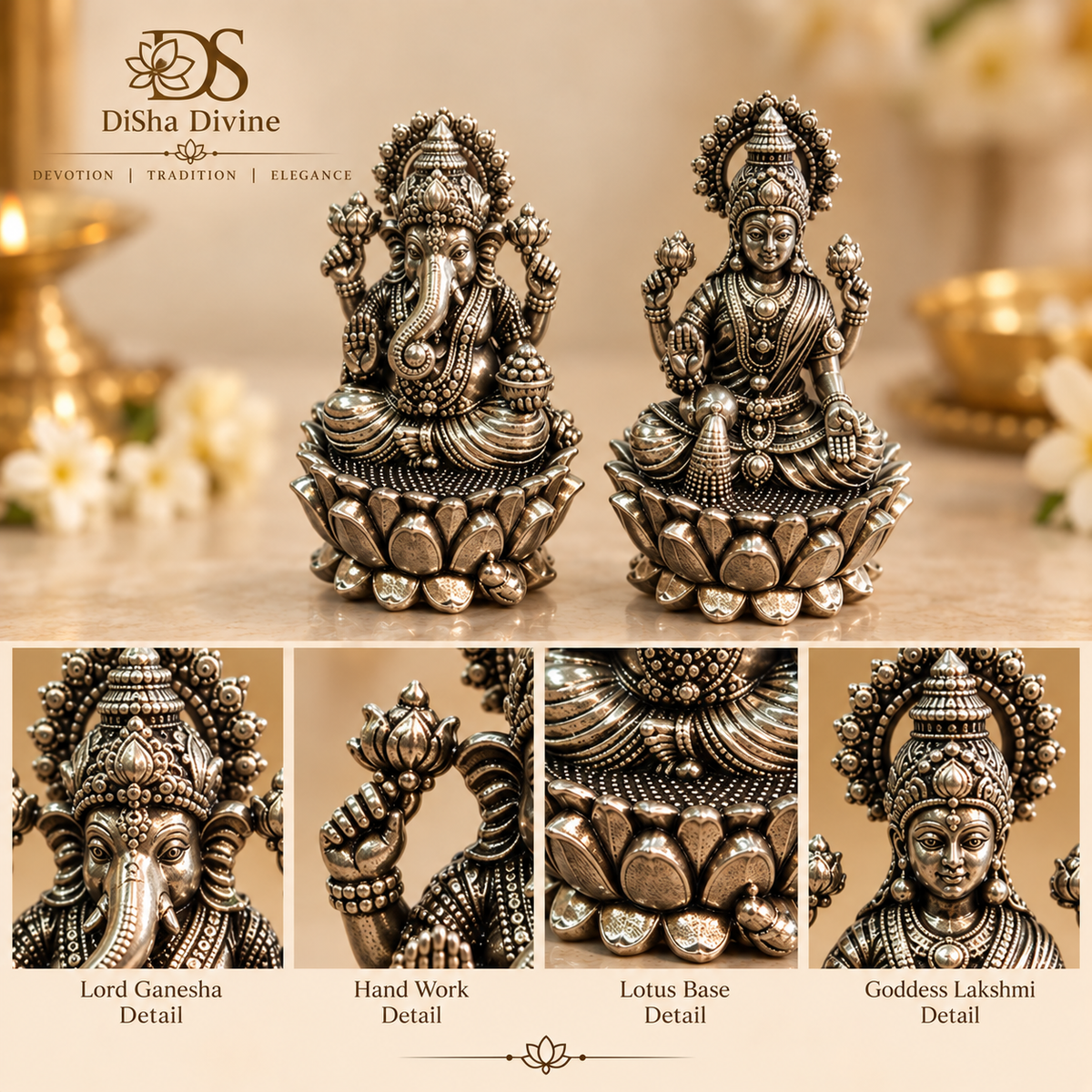 Lakshmi Ganesh German Silver Idol Pair – Small