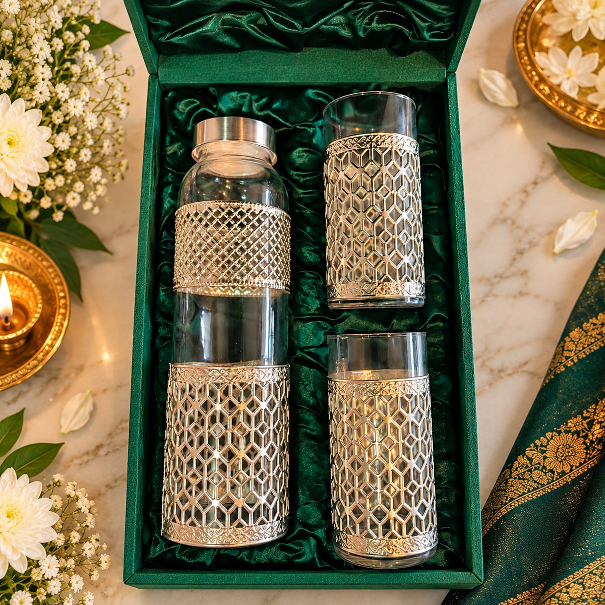 German Silver Bottle & Glass Set
