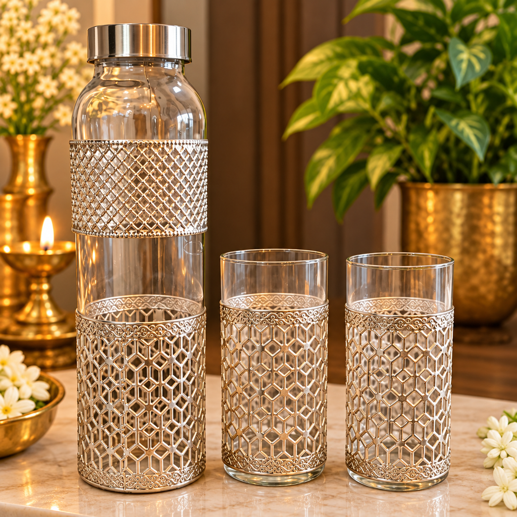 German Silver Bottle & Glass Set
