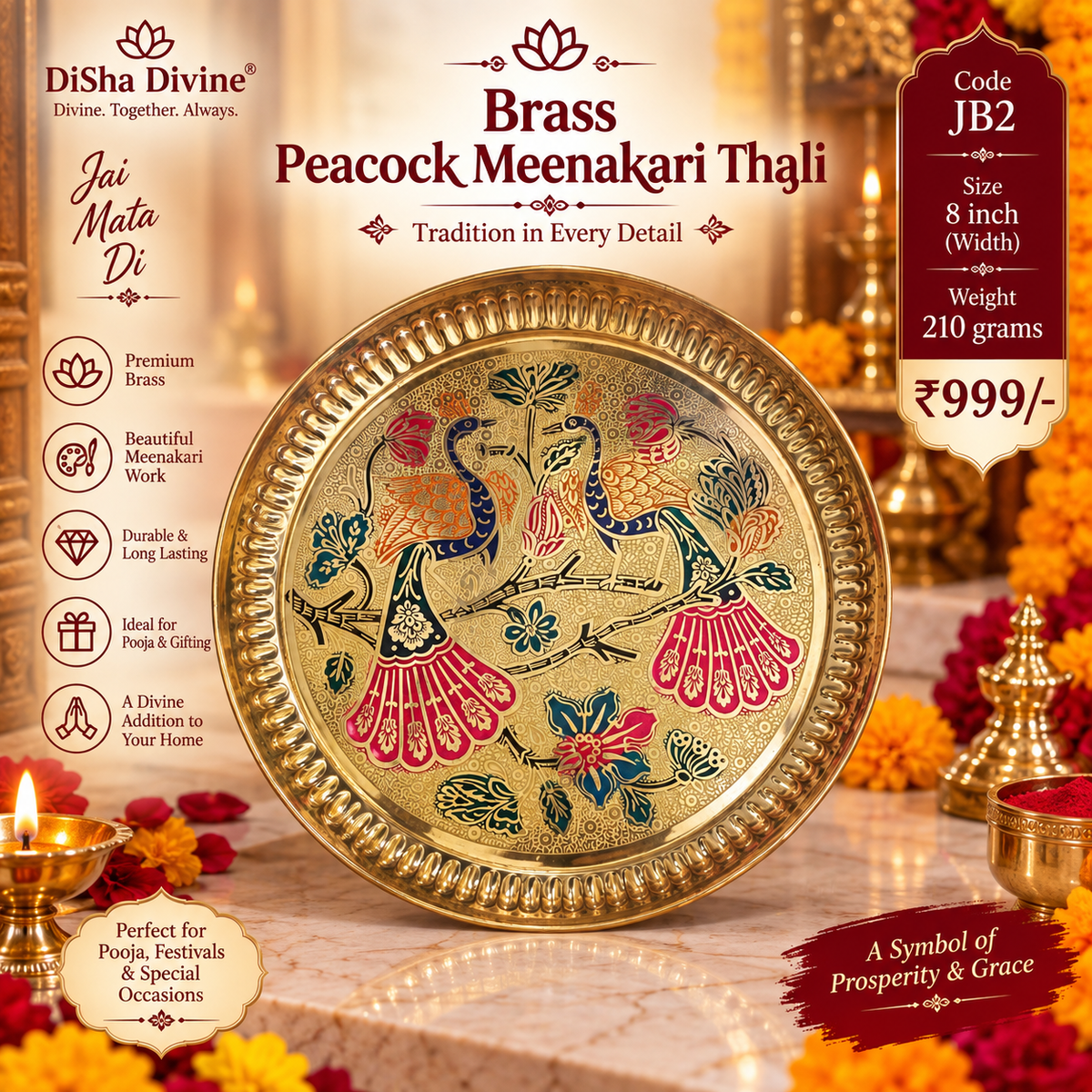 Brass Peacock Meenakari Thali – 8 inch