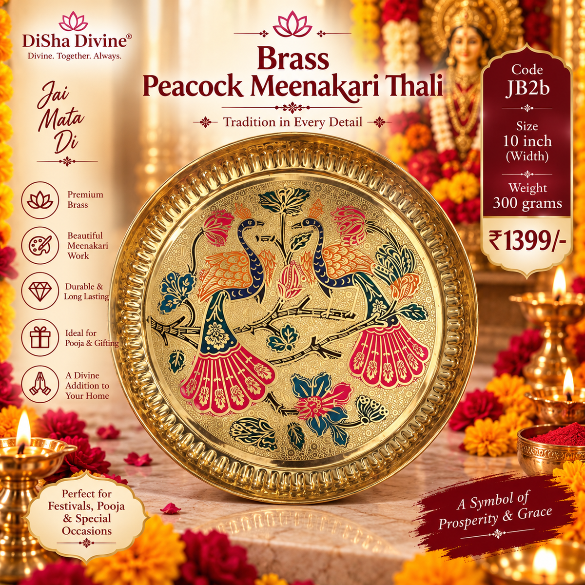 Brass Peacock Meenakari Thali – 10 inch