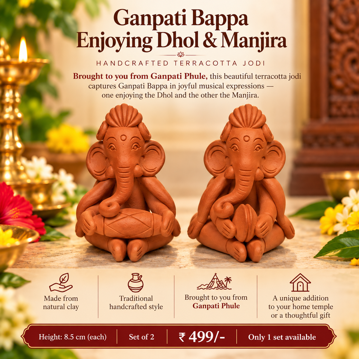 Ganpati Bappa Enjoying Dhol & Manjira – Terracotta Jodi