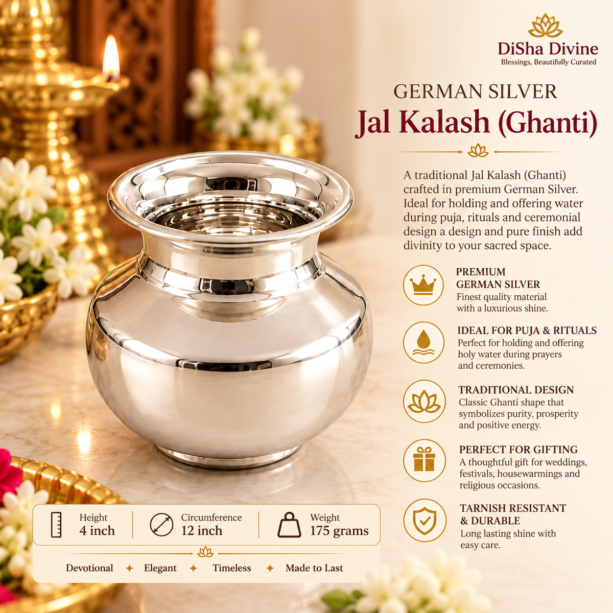German Silver Jal Kalash (Ghanti) – 4 Inch