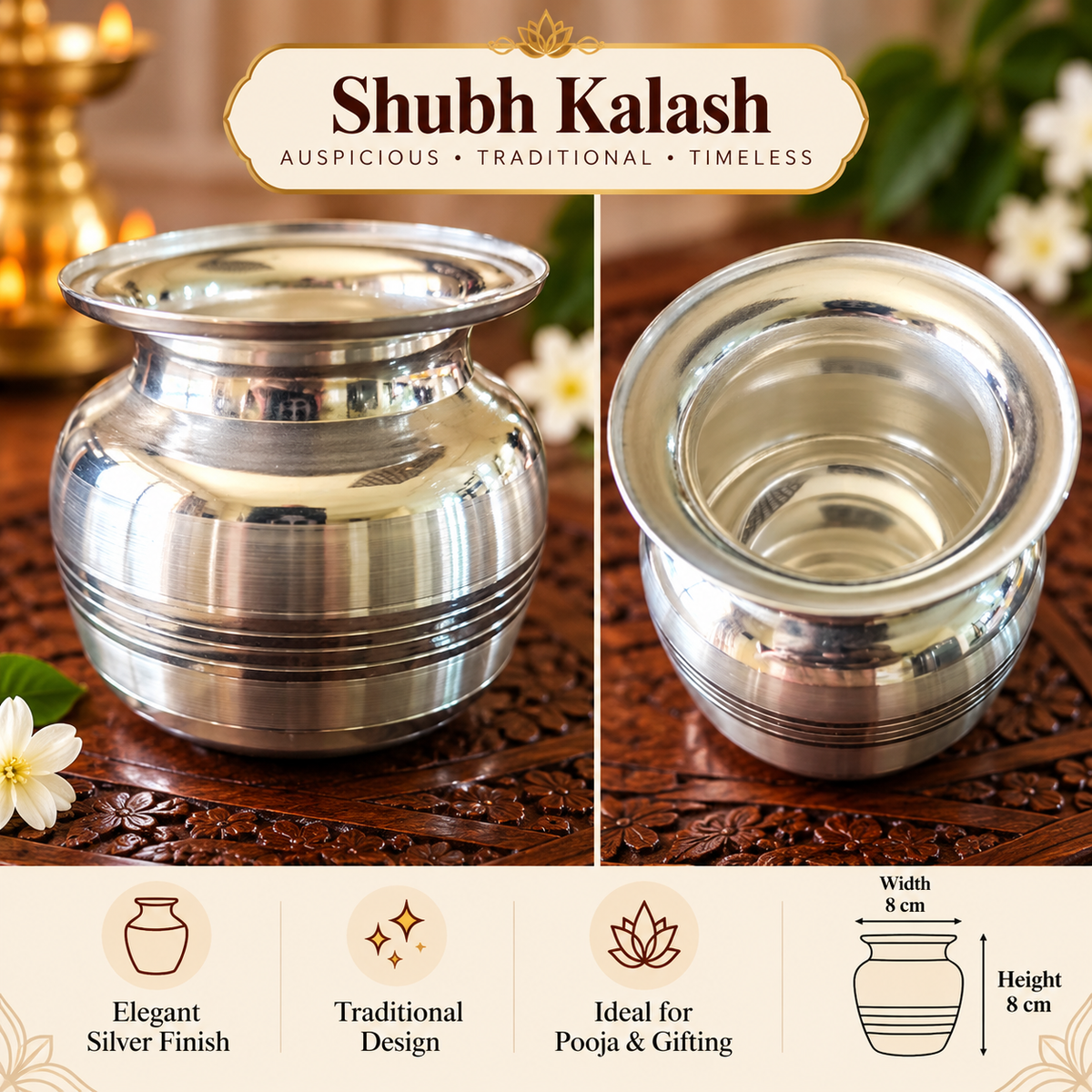 Shubh Kalash M – Silver Finish Pooja Kalash