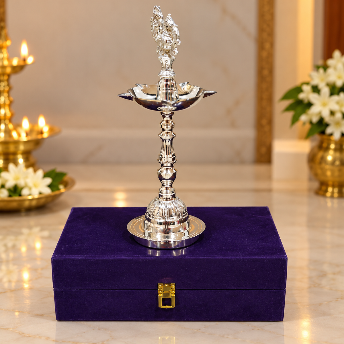 Shri Mayur Samai – Premium Silver Finish Pooja Diya
