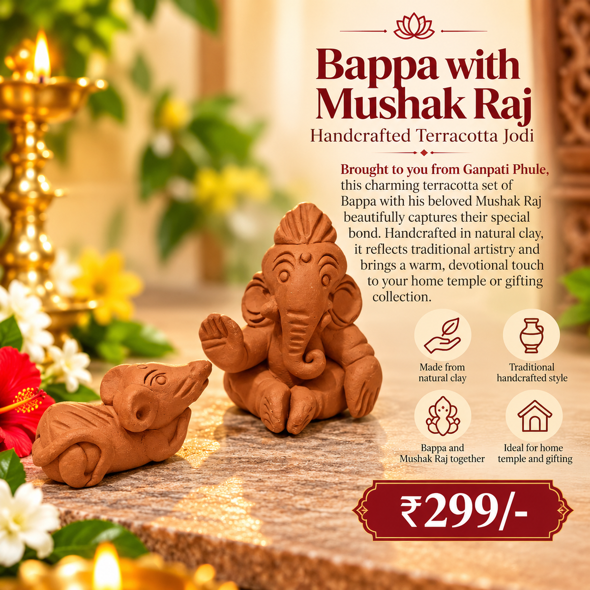Bappa with Mushak Raj – Handcrafted Terracotta Jodi