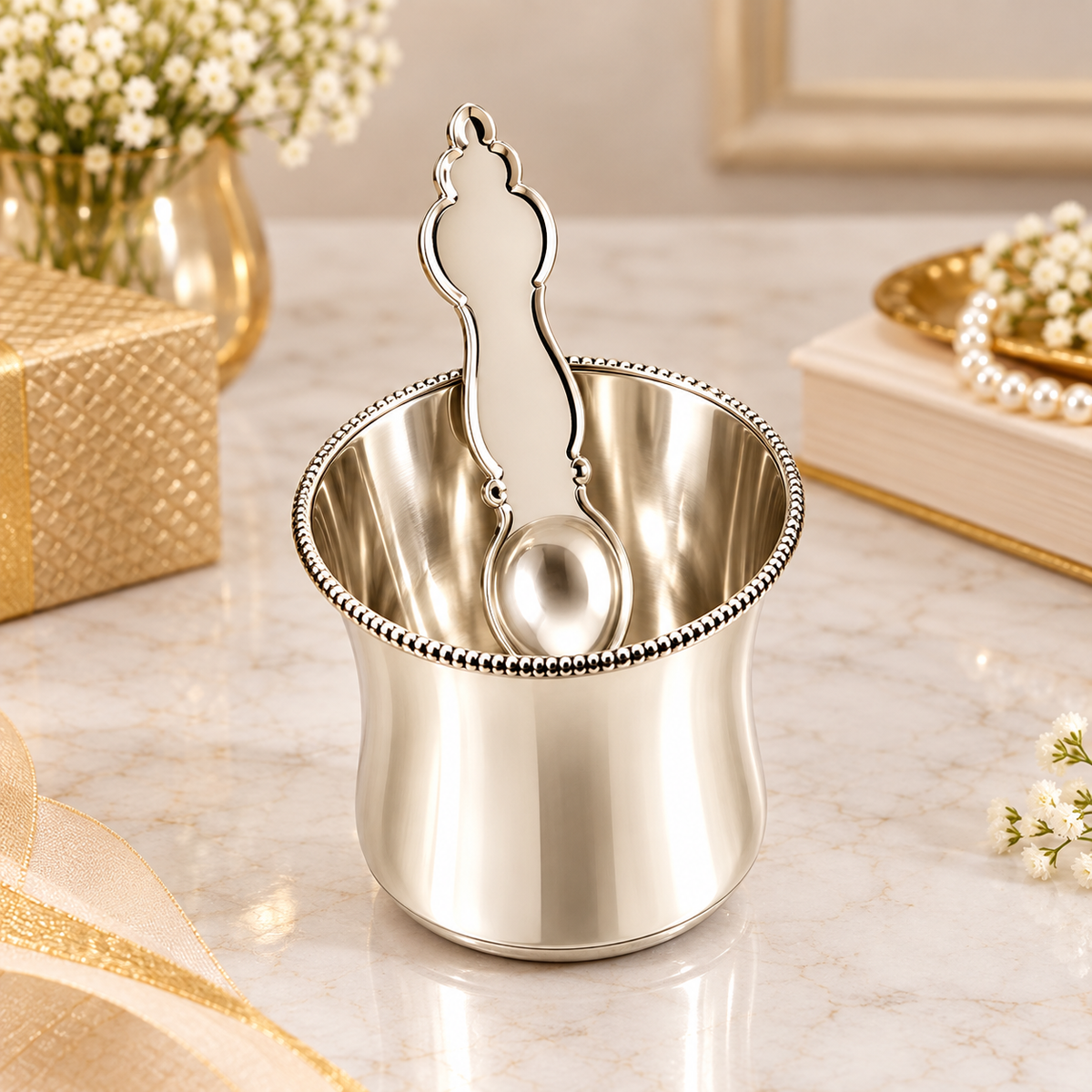 German Silver Tulsi Jal Patra with Spoon