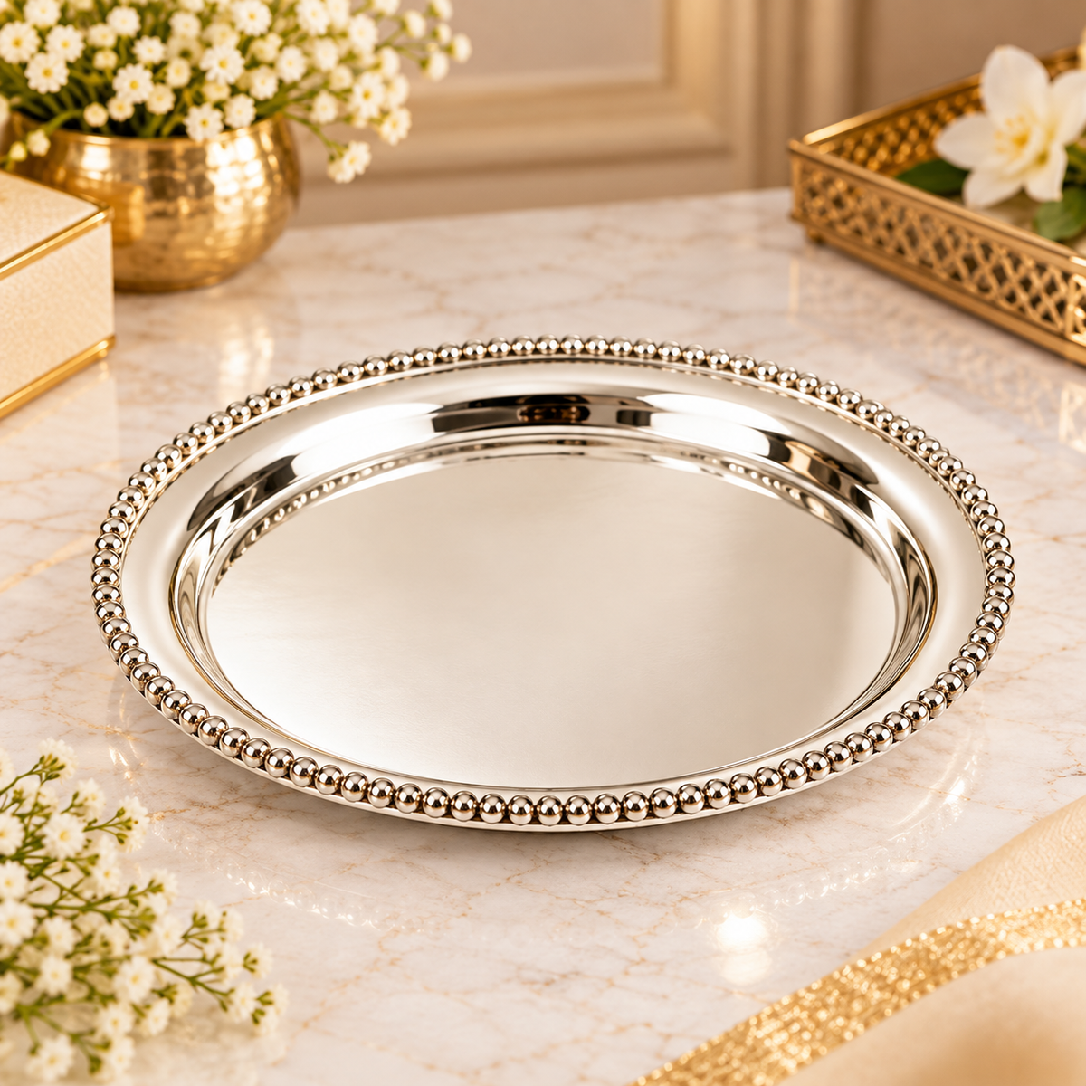 German Silver Pearl Rim Serving Plate