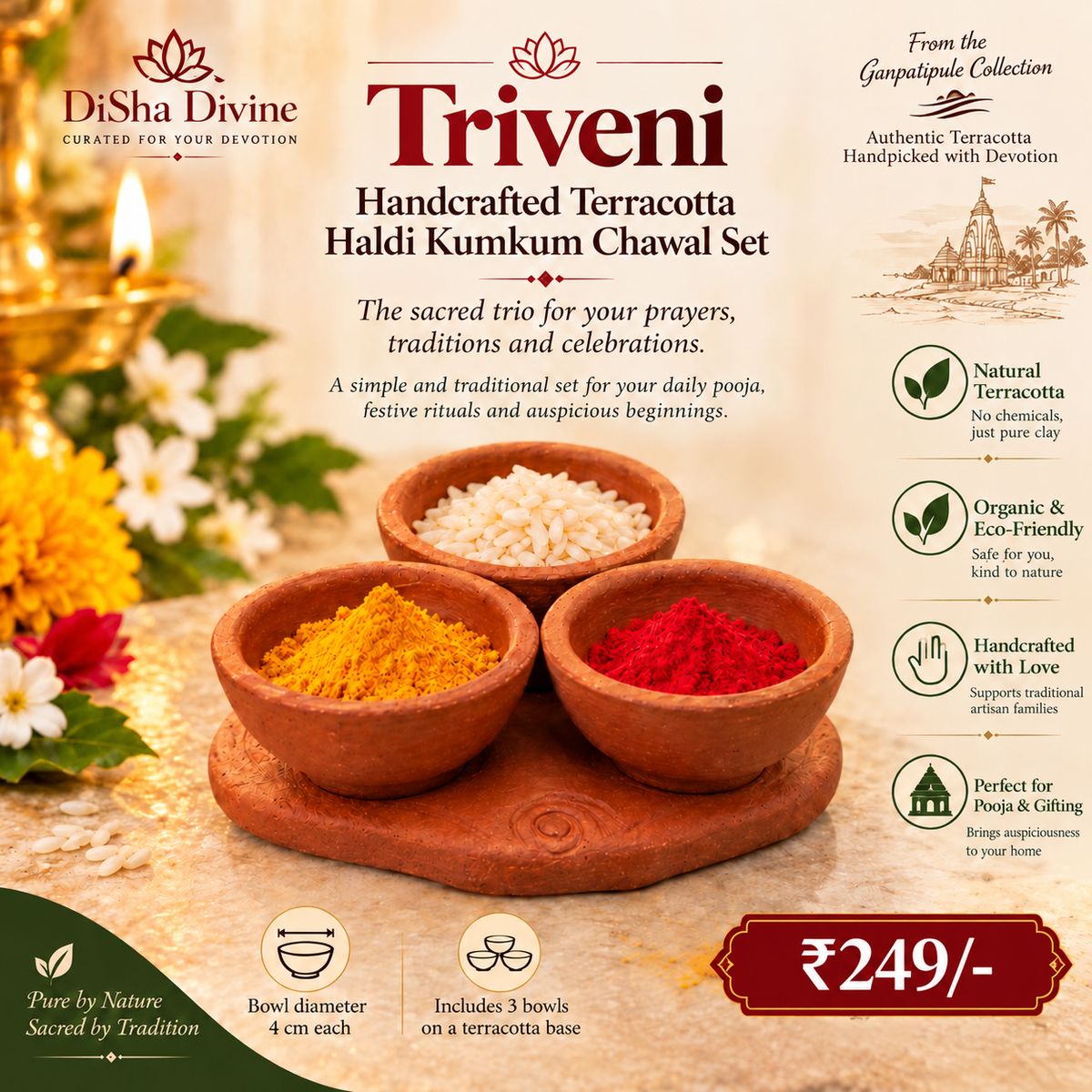 Triveni – Handcrafted Terracotta Haldi Kumkum Chawal Set