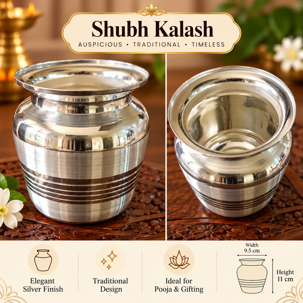 Shubh Kalash – Silver Finish Pooja Kalash